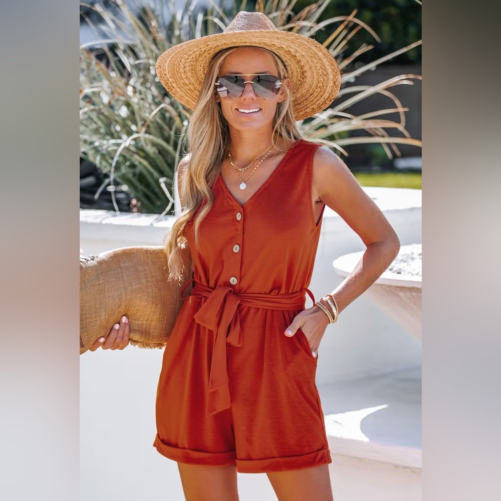 Belted Rolled-Hem Romper Cupshe Large